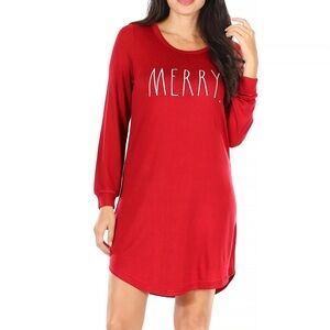 RAE DUNN Women's "MERRY" Red Long Sleeve Holiday Nightshirt Family Pajamas NEW